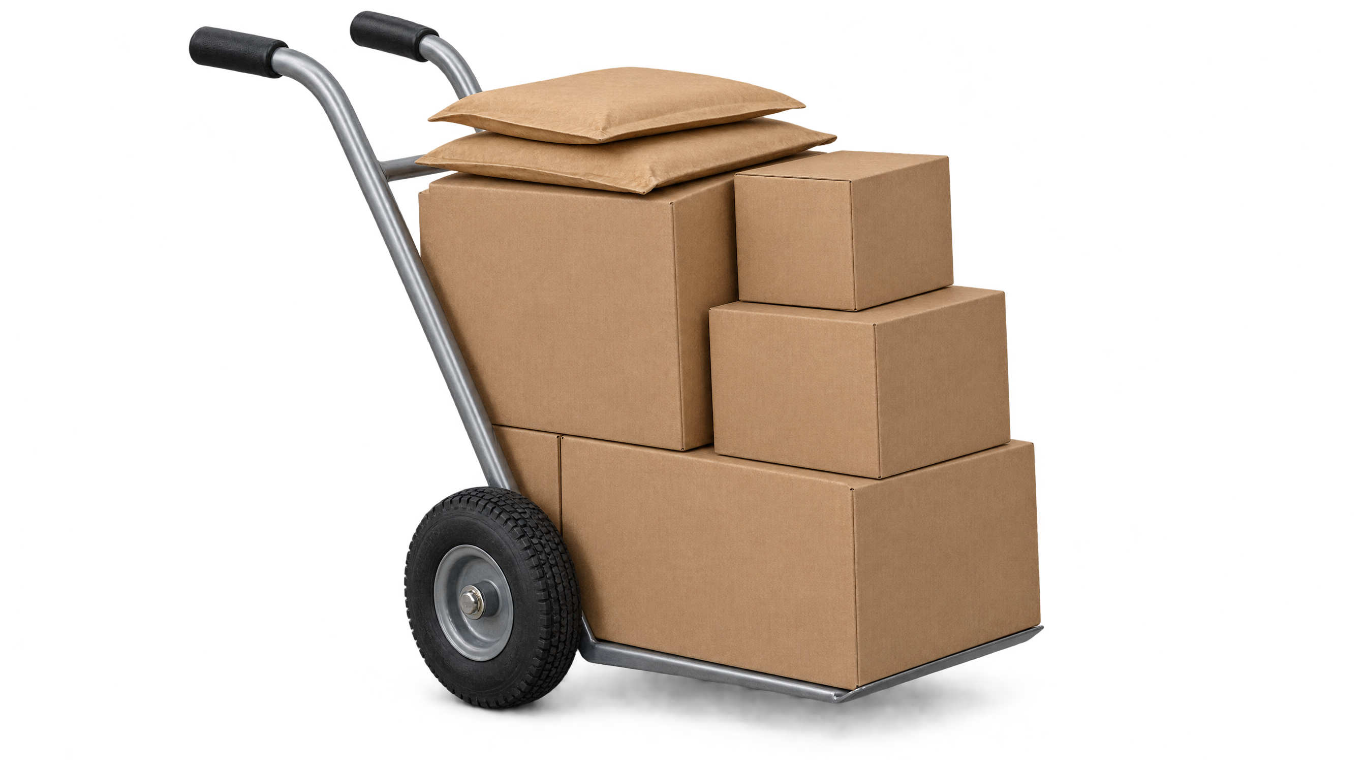 Hand truck stacked with shipping cartons