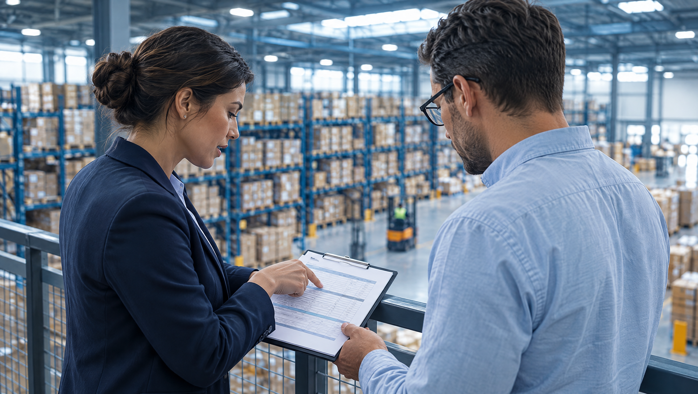 Operations leaders reviewing carrier rates above the warehouse floor