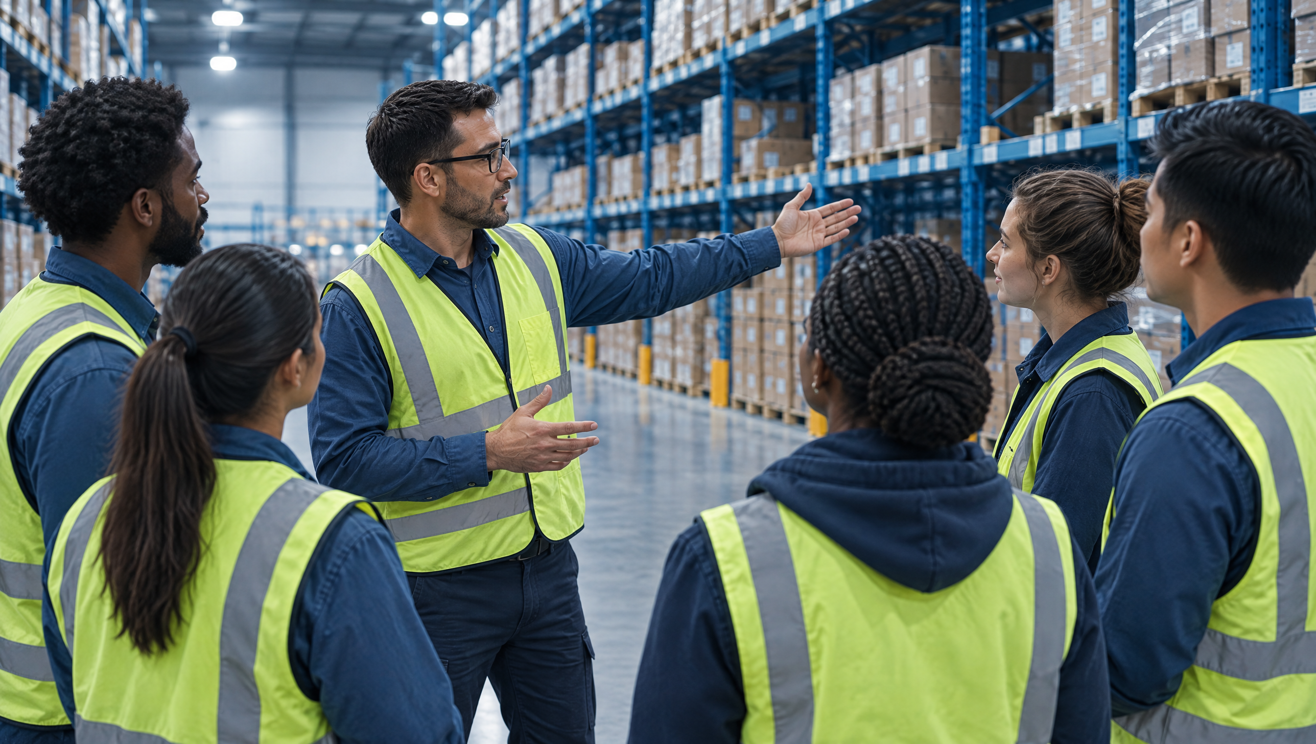 Shift supervisor briefing the warehouse team before peak