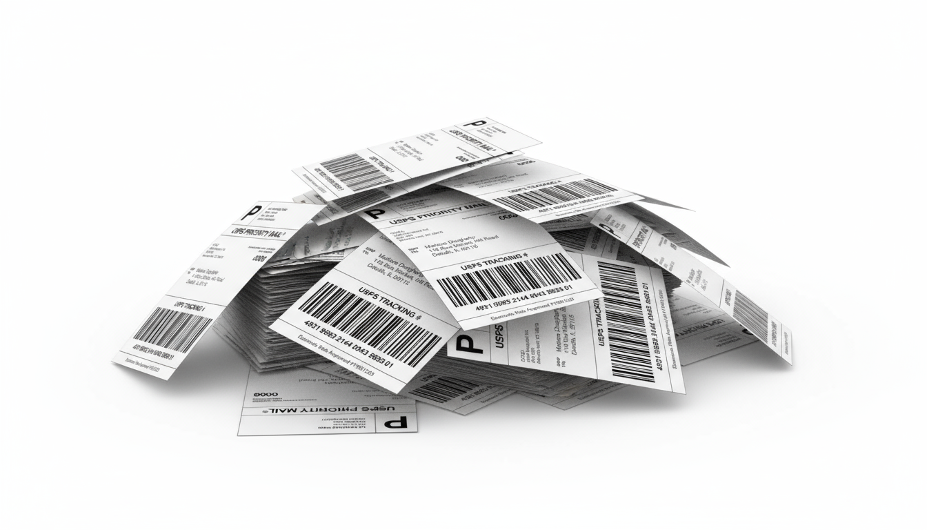 Stack of shipping labels representing collapsed supply chain contracts and delivery failures