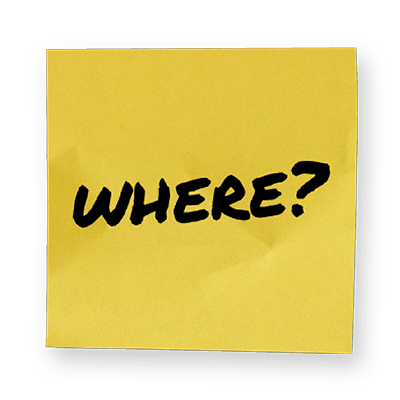 Yellow sticky note asking 'WHERE did it happen?' in mystery case documentation