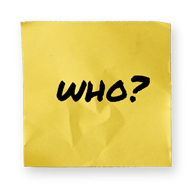 Yellow sticky note asking 'WHO is responsible?' in mystery investigation theme