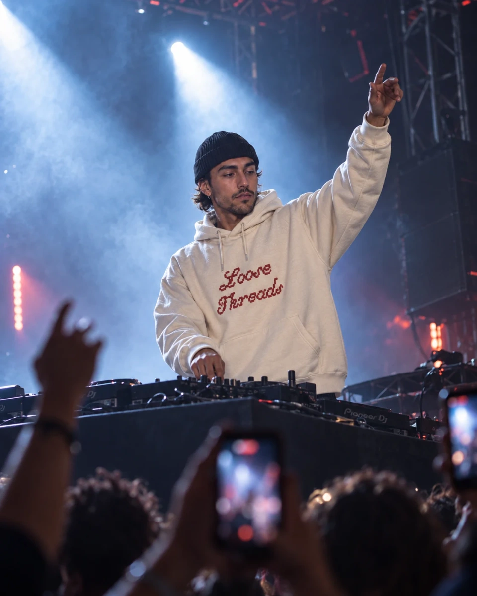 DJ Phoenix raises one hand above the decks as fans film his Atlanta concert