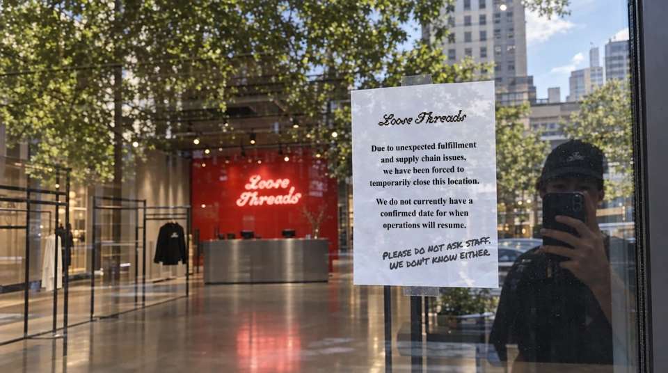 A notice on the Loose Threads store window announces a temporary closure due to fulfillment and supply chain issues, with no confirmed reopening date