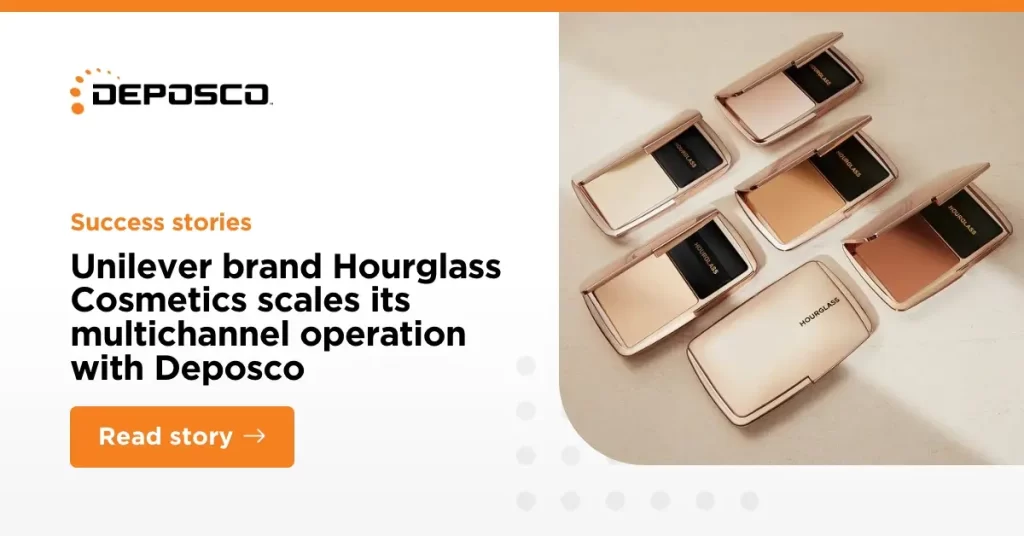 Six Hourglass Cosmetics compacts are arranged on a beige surface as part of the featured images next to a text announcing a Unilever success story with Deposco and a button labeled "Read story.