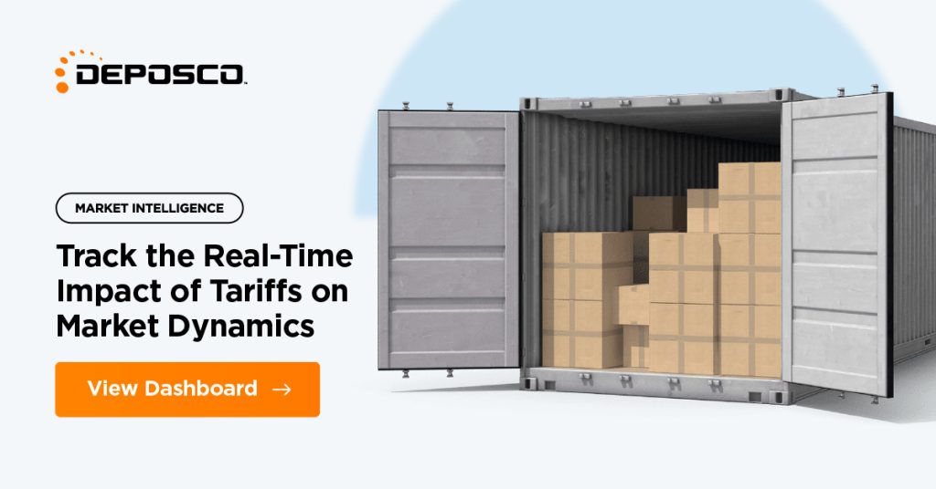 A shipping container filled with stacked cardboard boxes is shown next to text about tracking real-time tariff impacts on market dynamics, featuring a button labeled "View Dashboard" and highlighting the new Tariff Tracker tool.