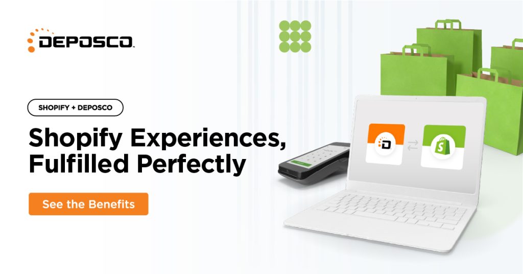 A laptop displaying integration icons, a payment terminal, and green shopping bags, with Deposco and Shopify logos and the text "Shopify Experiences, Fulfilled Perfectly.