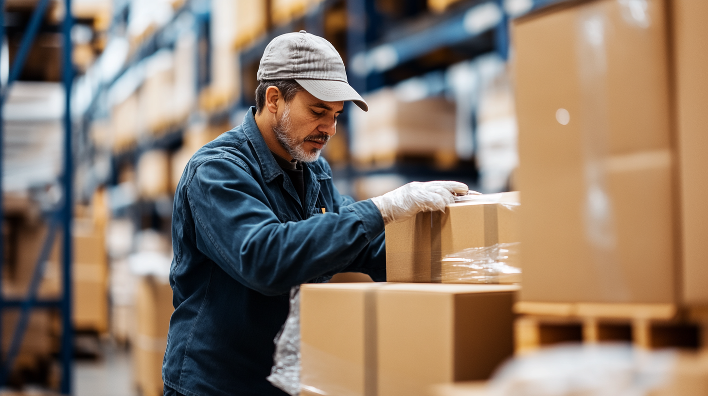 The image show a man packing a cardboard box in a warehouse.