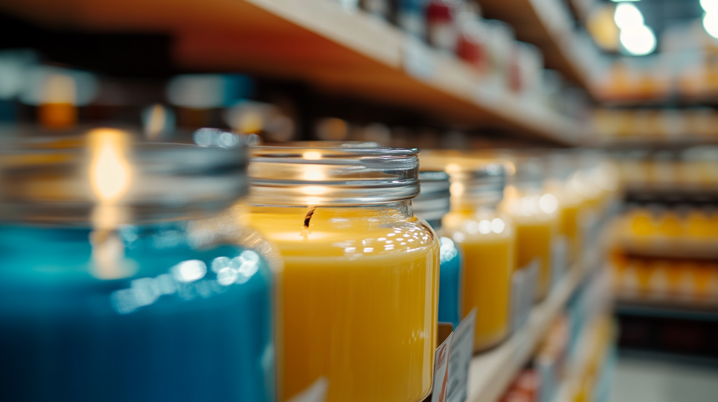 A close-up, eye-level shot of several glass jar candles on a store shelf, with a blue candle in the foreground on the left, and a lit yellow candle slightly behind it and to the right. More yellow and blue candles are visible receding into the background on the right. The shelf above is blurred.